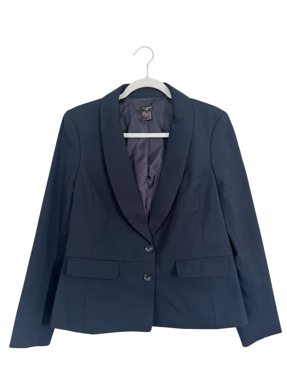 Ann Taylor Classic Navy Blue Shawl Collar Blazer - Tailored Suit Jacket Size 14P